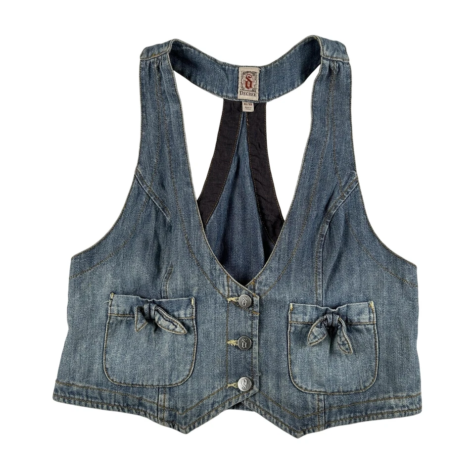 Chaleco Decree Vintage Mujer XL Azul Denim Jean Espalda Corredora Recortado Años 2000 Y2K Foto 1 de 4
