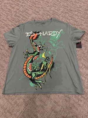 Camiseta Ed Hardy Diamantes de Imitación Dragón Gráfico Para Hombre XL Verde Oliva Nueva Con Etiquetas Foto 1 de 4
