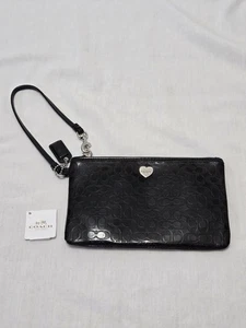 Coach Signature Perforated Logo Patent Leather Glossy Wristlet SV/ Black w Heart - Picture 1 of 14