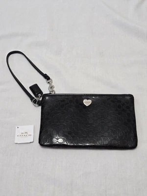 Coach Signature Perforated Logo Patent Leather Glossy Wristlet SV/ Black w Heart - Image 1 of 4