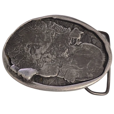 Raro Don Nedobeck Hebilla de Cinturón de Peltre - León y Pájaro Edición Limitada #386/950 - Arte años 70 Foto 1 de 4