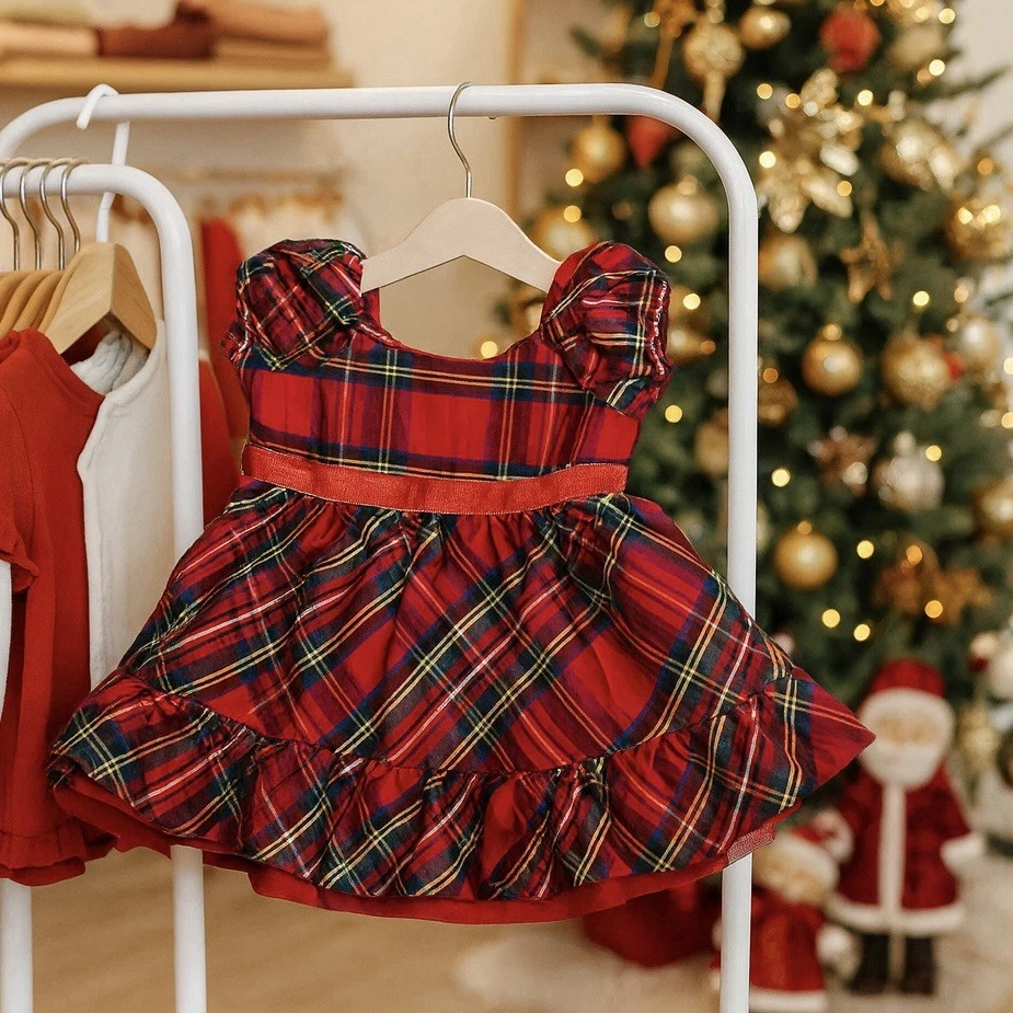 Janie & Jack Tartán Manga Abullonada Vestido de Seda Vacaciones Navidad Fotos Familiares 3-6 meses Foto 1 de 4