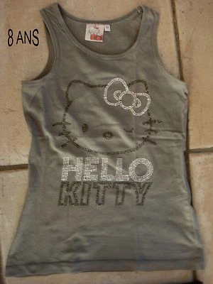 TEE SHIRT HELLO KITTY GRIS + STRASS SANS MANCHES COTTON T 8A - Photo 1/3