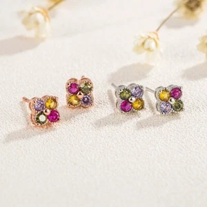 925 Sterling Silver 4 Leaf Clover Flower CZ Crystal Stud Earrings Women Gift UK - Picture 1 of 11