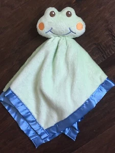 Nursery Rhyme Green Frog Blue Satin Baby Security Blanket Rattle Plush Lovey Toy - Picture 1 of 9