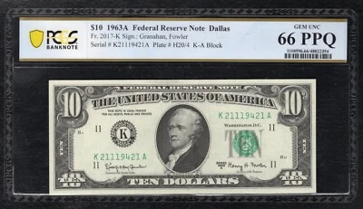 FR. 2017-K 1963-A $10 FRN DALLAS, TX PCGS BANKNOTE GEM UNCIRCULATED-66PPQ - Image 1 of 2