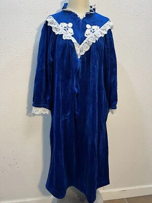 Vintage Tara House Coat Robe Velvet Gown Kaftan Grandma Cottage Core Blue USA - Image 1 of 4