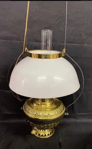 Lg.  33” Tall Brass Electric Oil Lamp Style Hanging With Milk Glass Shade 14” w - Picture 1 of 13