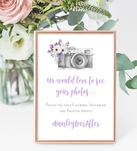 Personalised A4 Wedding Sign Floral Camera Hashtag Instagram Facebook - Lilac - Picture 1 of 2