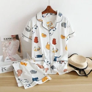 Cotton Short Sleeved Pajamas - Japanese Simple Sleepwear Women Sleeping Clothing - Picture 1 of 25