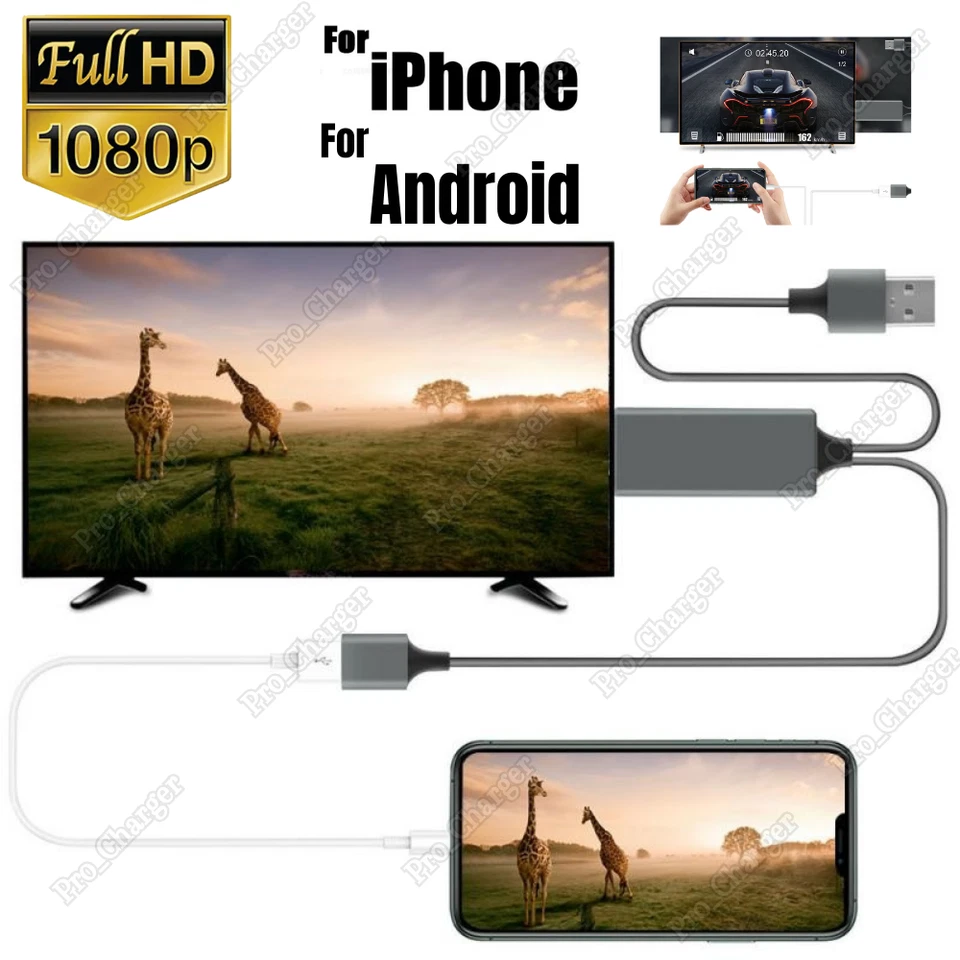 1080P HDMI Mirroring Cable Phone to TV HDTV Adapter Cord for iPhone iPad Android - Image 1 of 4