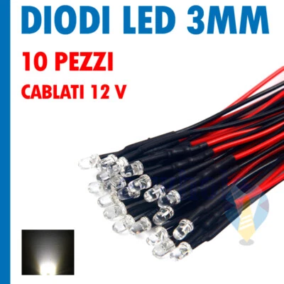 10 LED BIANCHI BIANCO CALDO 3 mm CABLATI 20cm CON RESISTENZA 12v CON CAVO A2B31 - Immagine 1 di 2
