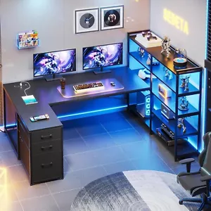 L Shaped Gaming Desk, Reversible U Shaped Computer Desk with Power Outlet and St - Picture 1 of 7