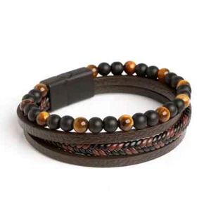 Men's Layered Braided Leather Beaded Bracelet With Tiger Eye, Natural Stone - Picture 1 of 4