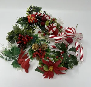 Vintage Weihnachten Blumen Pick Süßigkeiten beflockt Hirsch Stechpalme Beere Weihnachtsstern 9 Stck. - Bild 1 von 14