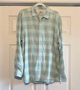 Tommy Bahama Relax Men’s 100% Linen Button Up Shirt Aqua Check Large - Picture 1 of 6