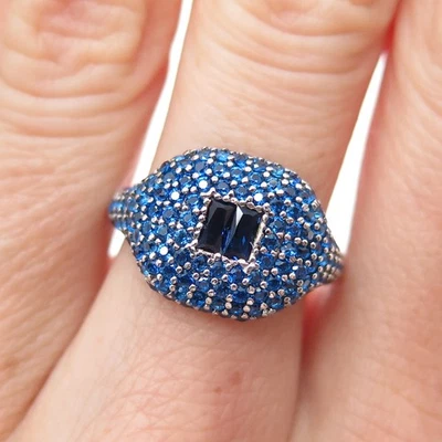 925 Sterling Black Rhodium Real Round & Baguette-Cut Blue Spinel Ring Size 6.5 - Image 1 of 4