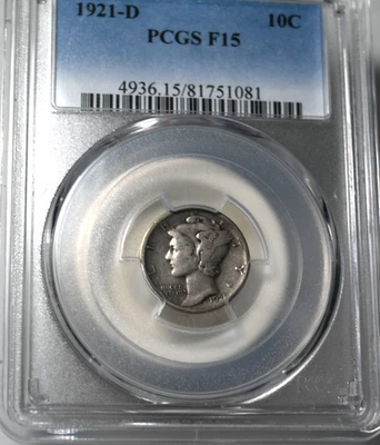 1921-D Mercury Dime PCGS F15 KEY DATE 10C Original Coin - Image 1 of 4