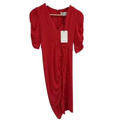 Draped Surplice V-Neck Ruched Midi Dress Christmas Size XS Poppy Red - Image 1 of 4