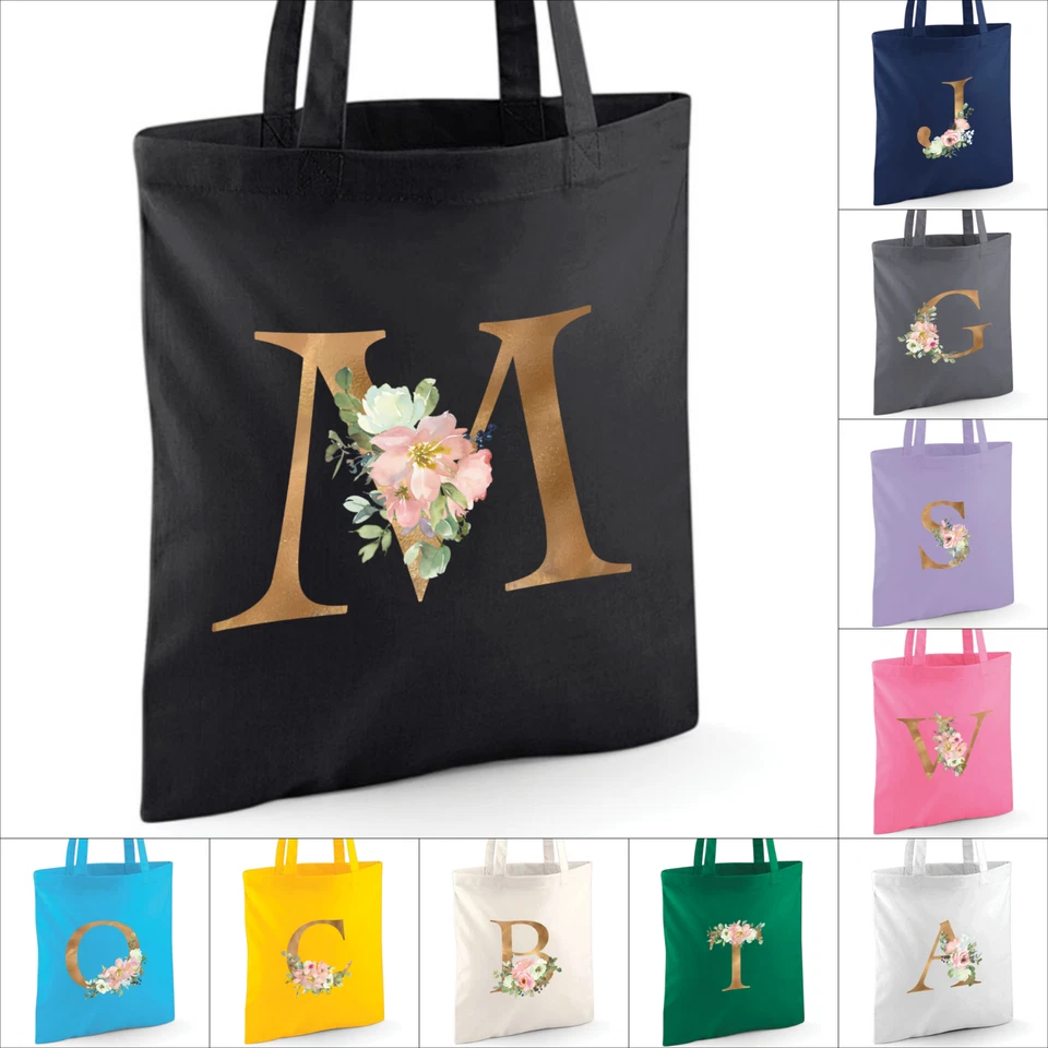 Personalised Floral Gold Initial Tote Bag. Custom Printed Cotton Shopping Gift - Image 1 of 2