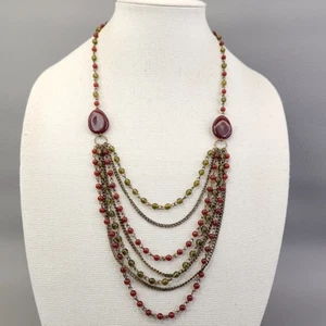 Avon Layered Necklace Orange Green Acrylic Beads Antiqued Gold Tone Chain 24" - Picture 1 of 16