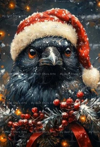 SOMBRERO DE SANTA CUERVO DE NAVIDAD IMPRESIÓN ARTÍSTICA, decoración del hogar de vacaciones, póster de pájaro cuervo E671 - Imagen 1 de 3