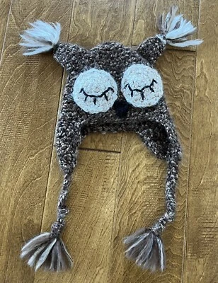 Sombrero de búho para dormir tejido hecho a mano orejeras jóvenes niños marrón Foto 1 de 4