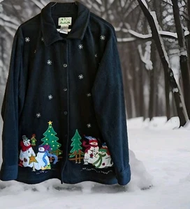 Quacker Factory Womens Christmas Jacket Womens Fleece Top L Embroidered Snowman - Picture 1 of 9