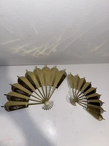 Vintage Lot Metal Gold Tone Fan Set of 2 Wall Plaques Hanging asian decor - Picture 1 of 2
