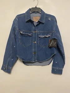 BBJ Blue Jean Jacket Womens Small Boom Boom Jeans Distressed Button Up Crop NWT - Picture 1 of 18