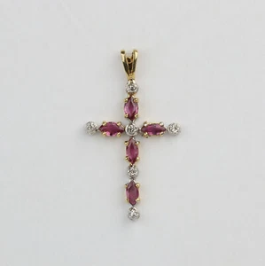 14k Yellow & White Gold, Diamond, Ruby Women's Cross Necklace Pendant - Picture 1 of 3