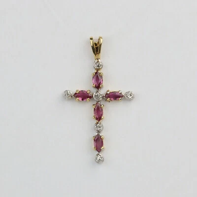 14k Yellow & White Gold, Diamond, Ruby Women's Cross Necklace Pendant - Image 1 of 3