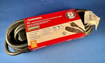 15 Foot Indoor Multi-Outlet Extension Cord - Husky Brand - Black - 16 Gauge -NEW - Image 1 of 2