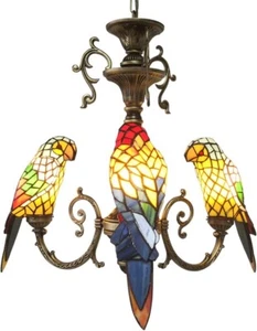 Fumat Parrot Bird 3 Arm Chandelier Tiffany Style Stained Glass Pendant Light - Picture 1 of 7