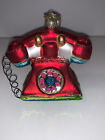 Christmas ornament blown glass red telephone metal cord attached Glitter phone