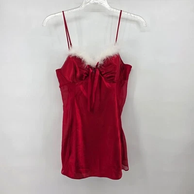 Enchanting Red Satin Babydoll Chemise with White Faux Fur Trim and Bow Detail M - Image 1 of 4