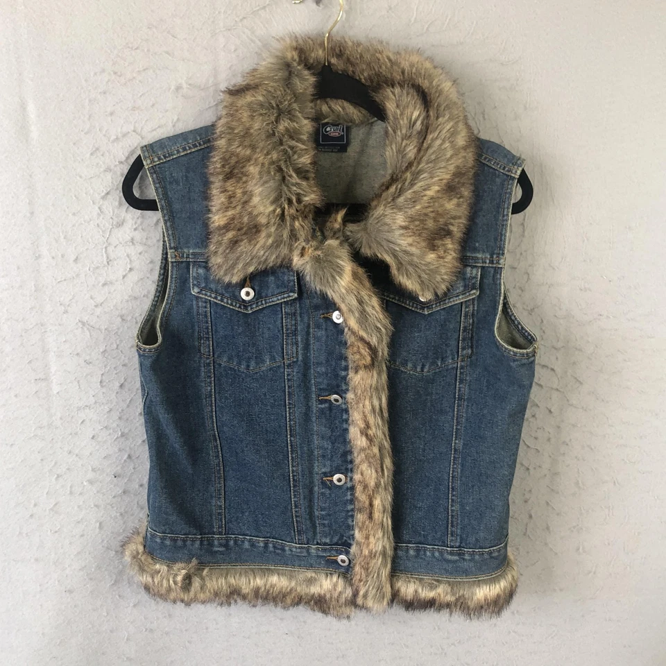 Chaleco Cruel Niña Mujer Medio Azul Denim Imitación Piel Cuello Borde Botón Delantero Y2K Foto 1 de 4