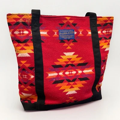 Pendleton Wool Blanket Purse Tote Bag Red Southwest Black Leather Inner Pockets - Image 1 of 4