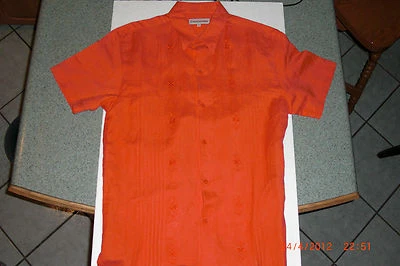 GUAYABERA SHORT SLEEVE COLOR SALMON 100% FINE LINEN HAND EMBROIDERED SIZE 40/L - Image 1 of 2