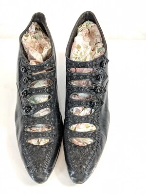 Antique Fancy Sorosis Multi-bar Strap Leather Black Beaded Button Up Shoes - Image 1 of 4