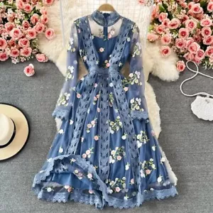 Autumn Spring Flowers Embroidery Dress Women Long Sleeve Lace Mesh Floral s-xxl - Picture 1 of 1