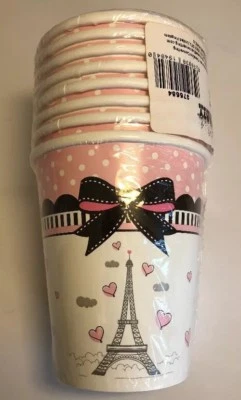 Paris Birthday Party 8 9 oz Cups Eiffel Tower Pink Black Dots Bows - Image 1 of 4