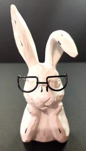 New White Distressed Look Bunny Rabbit with Metal Glasses Resin - Picture 1 of 6