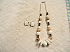 vintage White &amp; Brown Bead 16&quot; Necklace with Clip On Earrings from Japan