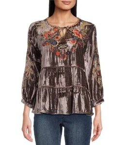 NUEVO CON ETIQUETAS John Mark Bordado Floral Terciopelo Dividido Cuello en V - Camisa Túnica Talla Grande - Imagen 1 de 8