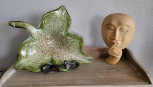 Plato veneciano de vidrio MCM en forma de hoja con manchas doradas - Imagen 1 de 7