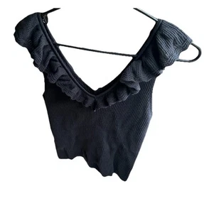 Gap Black Ribbed Knit V-Neck Tank Top Ruffles  Cami Stretchy Basic Size XL - Picture 1 of 9
