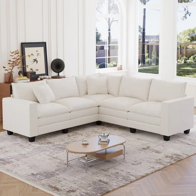 L Shaped Sectional Sofa Chenille Upholstered Modular Corner Couch With Pillows - Image 1 of 4