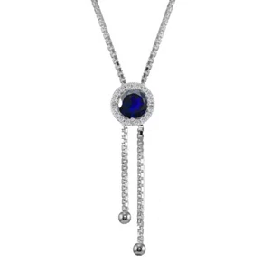 Round Halo Created Blue Sapphire & White Topaz Lariat Necklace in 925 Silver - Picture 1 of 3