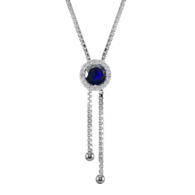 Round Halo Created Blue Sapphire & White Topaz Lariat Necklace in 925 Silver - Image 1 of 3